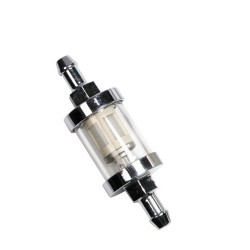 FILTRO CARBURANTE TRASPARENTE PICCOLO NYLON CON TERMINALI CROMATI FILTRO CARBURANTE TRASPARENTE PICCOLO NYLON CON TERMINALI CROMATI